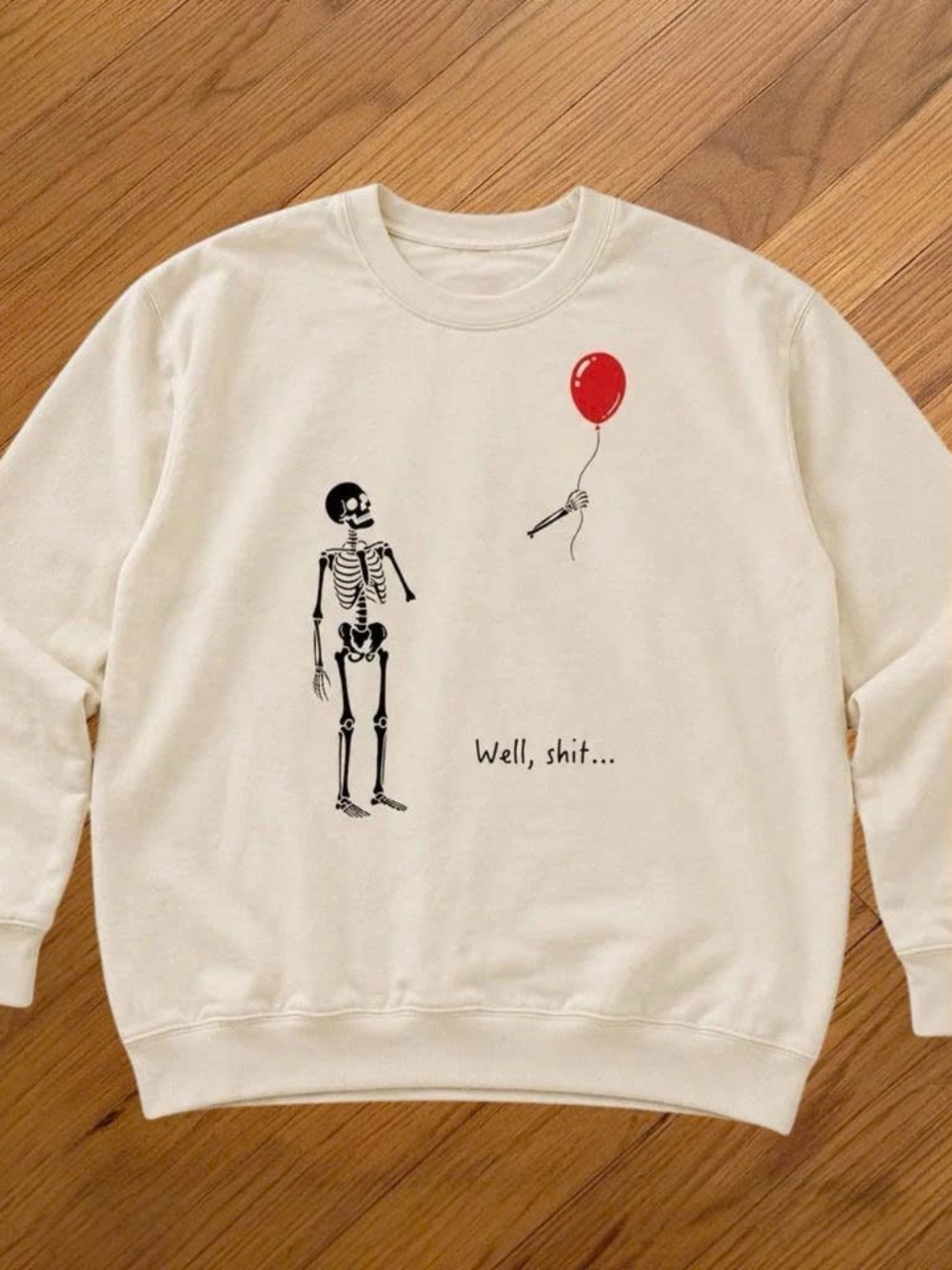 Vintage Cream Crewneck Sweatshirt with Black Skeleton and Red Balloon
